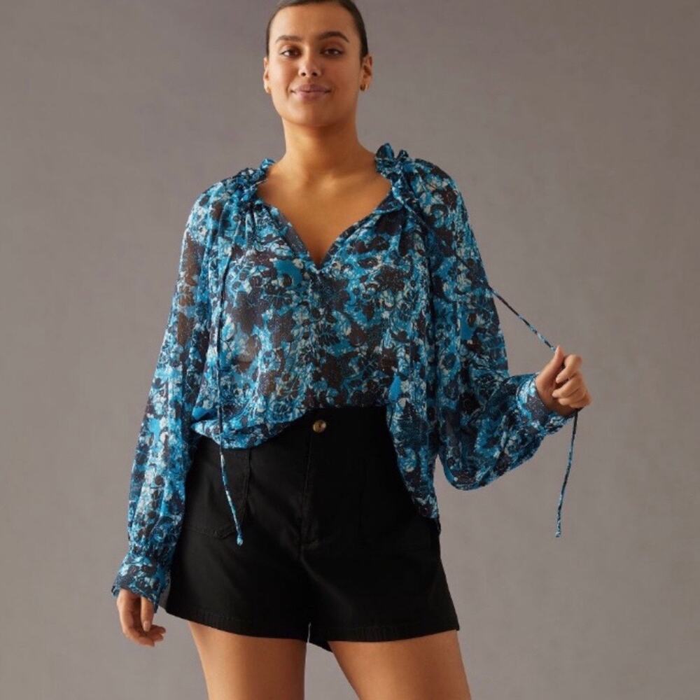 Anthropologie Blue Sheer Printed Peasant Blouse Sz XS